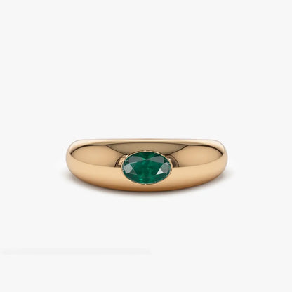 14K Solid Gold Oval Emerald Flush Set Dome Ring 0.49 CTW Handcrafted Jewelry