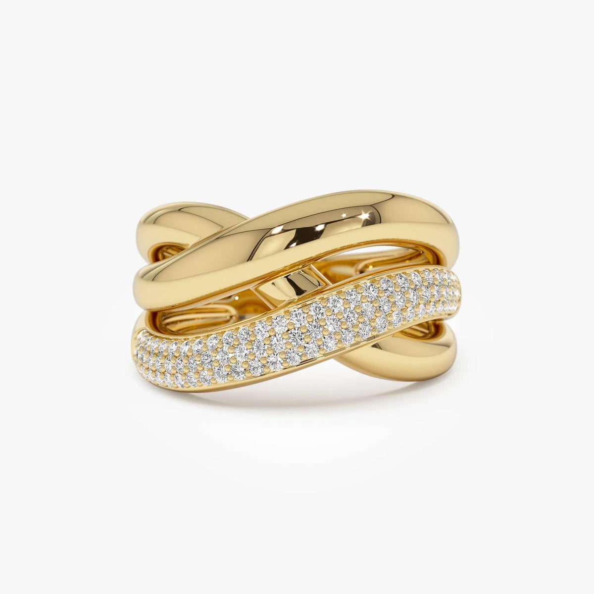14k Solid Gold Round Diamond 0.40 Carat Triple Band Crossover Statement Ring