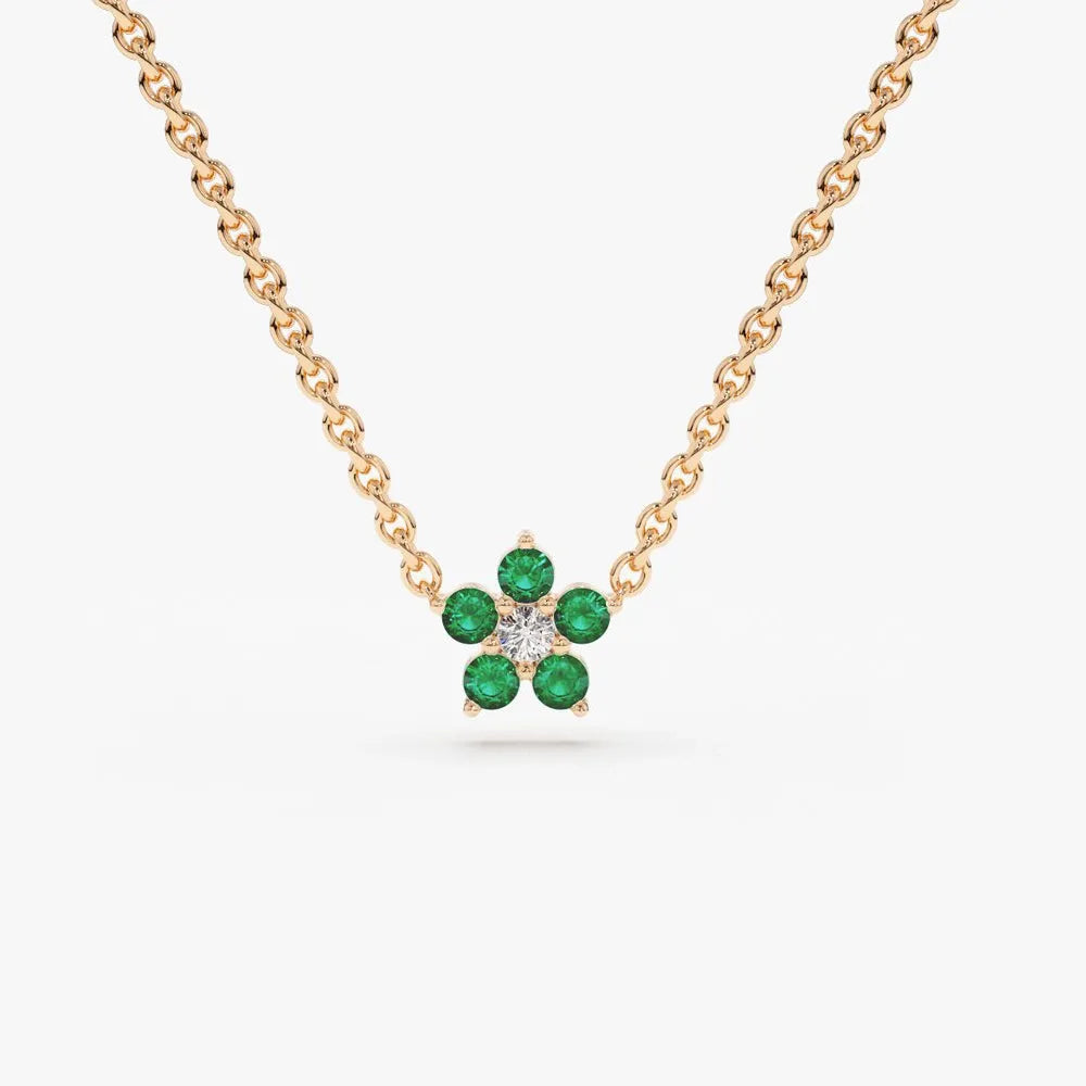 14k Solid Gold Round Emerald and Diamond Flower Charm Necklace 0.12 CTW Emerald 0.04 CTW Diamond Prong Setting