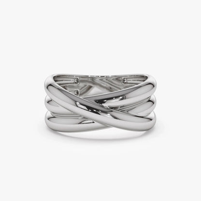 14k Solid Gold Multi Strand Crossover Wide Band Statement Ring