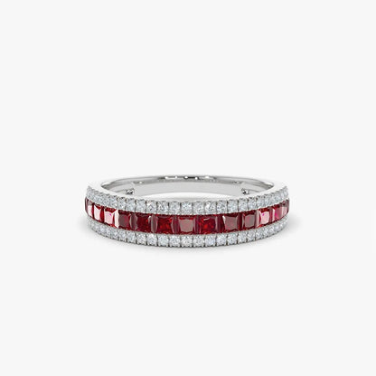 14k Solid Gold Ruby and Diamond Square and Round Cut Half Eternity Ring 1.05 ctw