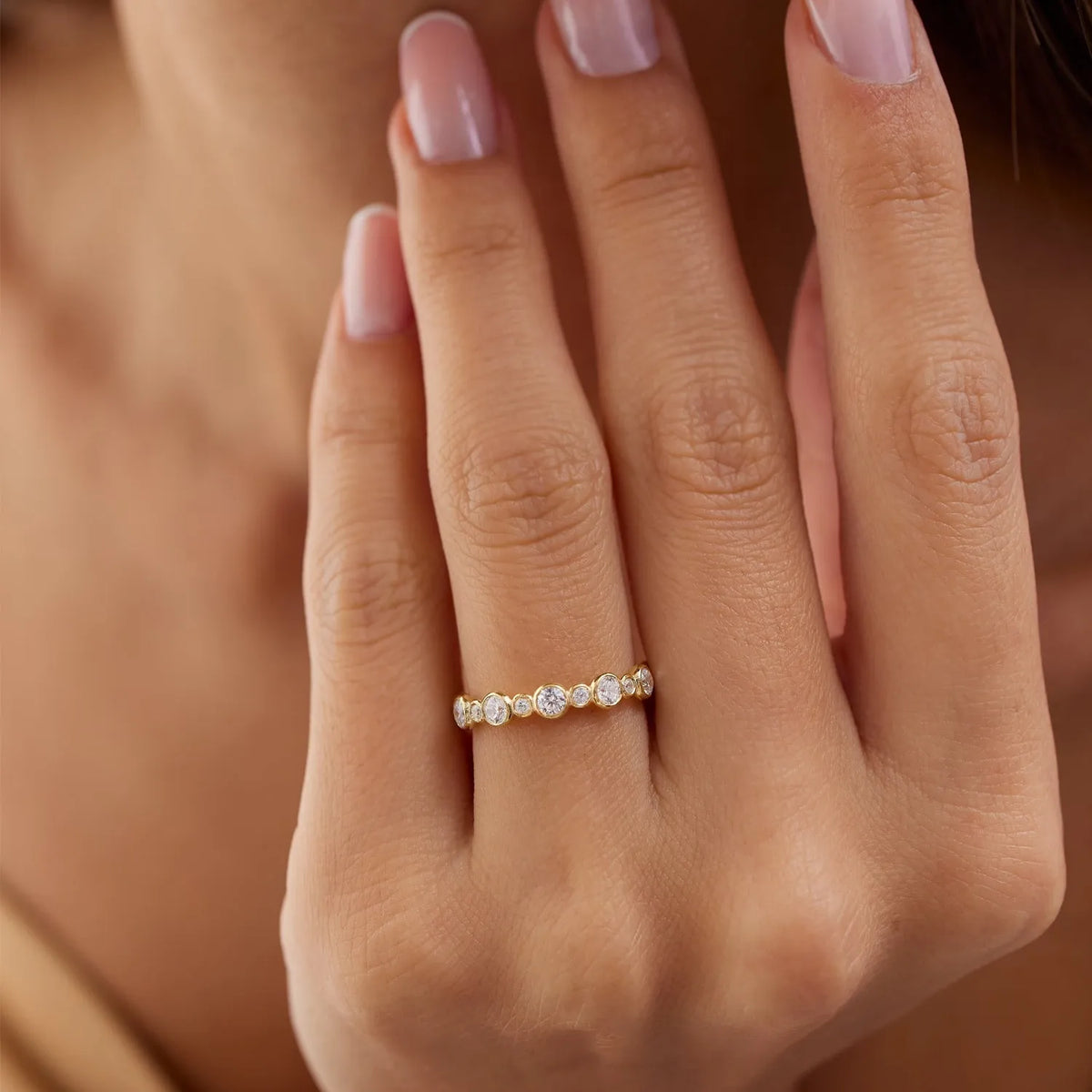 14K Solid Gold Round Diamond 1.05 Carat Three Quarter Eternity Bubble Bezel Setting Wedding Ring