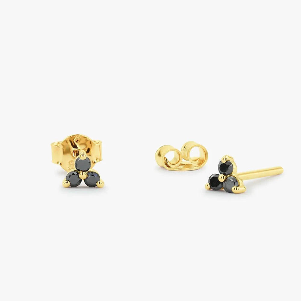 14k Gold Black Diamond Round Cut Trio Leaf Pattern Stud Earrings Prong Setting 0.18 ctw