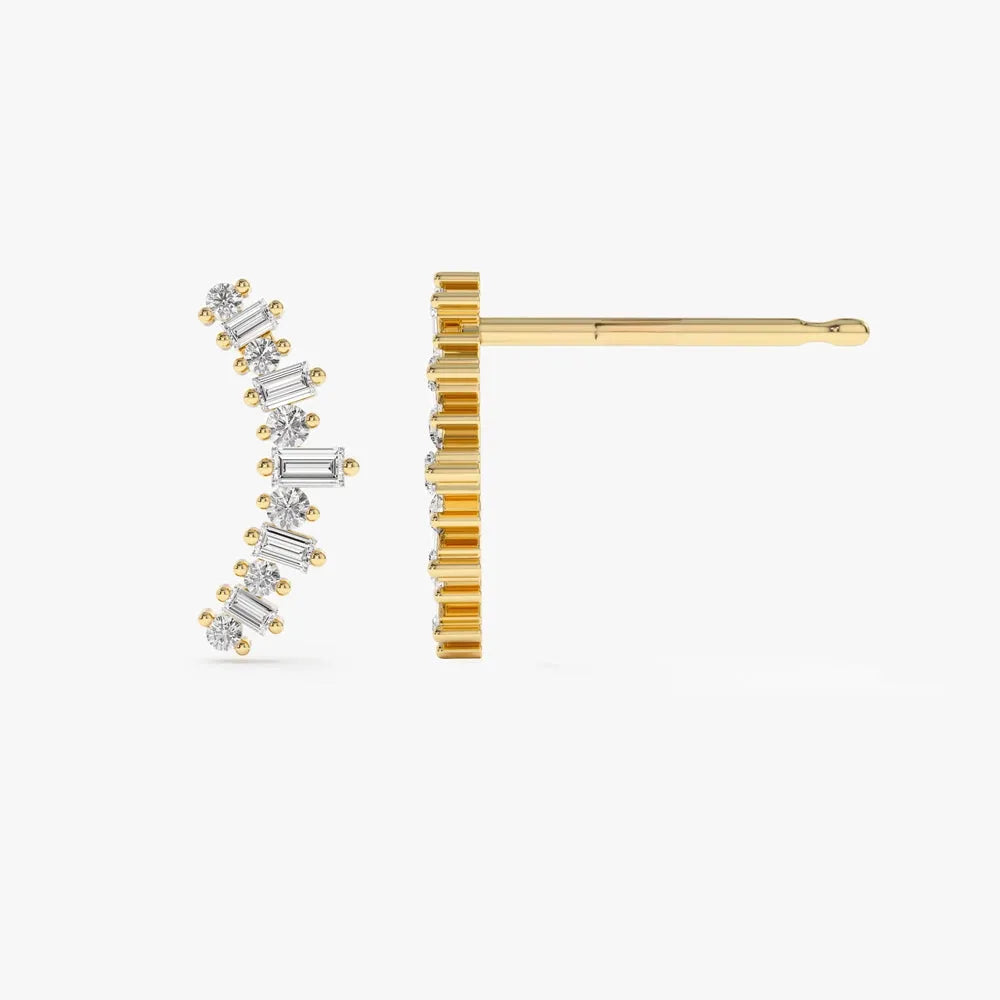 14k Gold Diamond Baguette and Round Cut Ear Crawler Earrings Prong Setting 0.35 ctw
