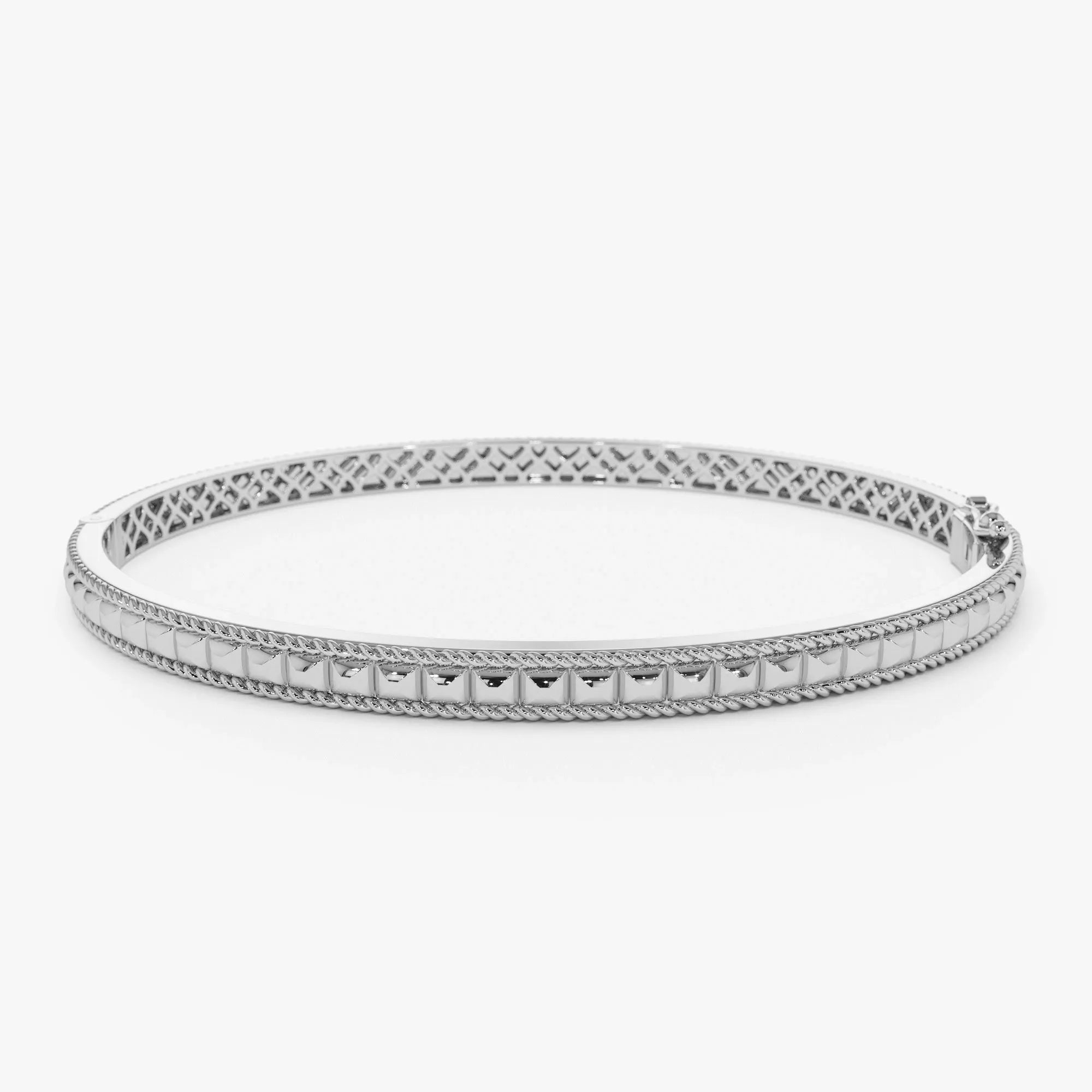 14K Solid Gold Wide Pyramid Design Bangle Bracelet