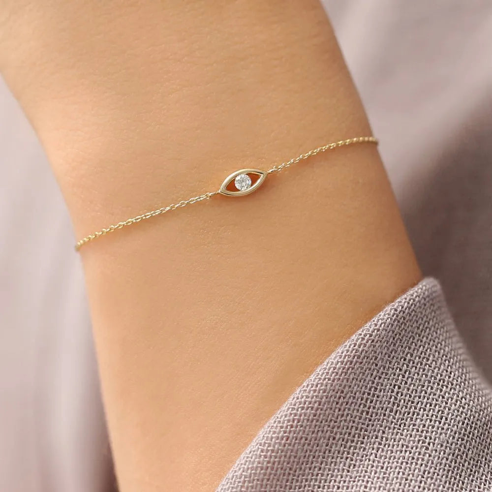 14K Solid Gold Round Diamond Evil Eye Bracelet Channel Setting 0.08 Carat