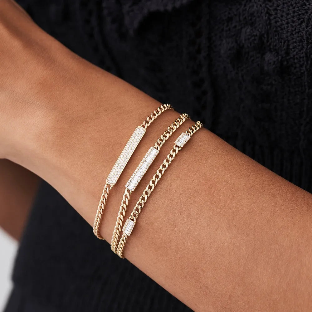14K Solid Gold 0.42 CTW Baguette and Round Diamond Bar Curb Link Bracelet