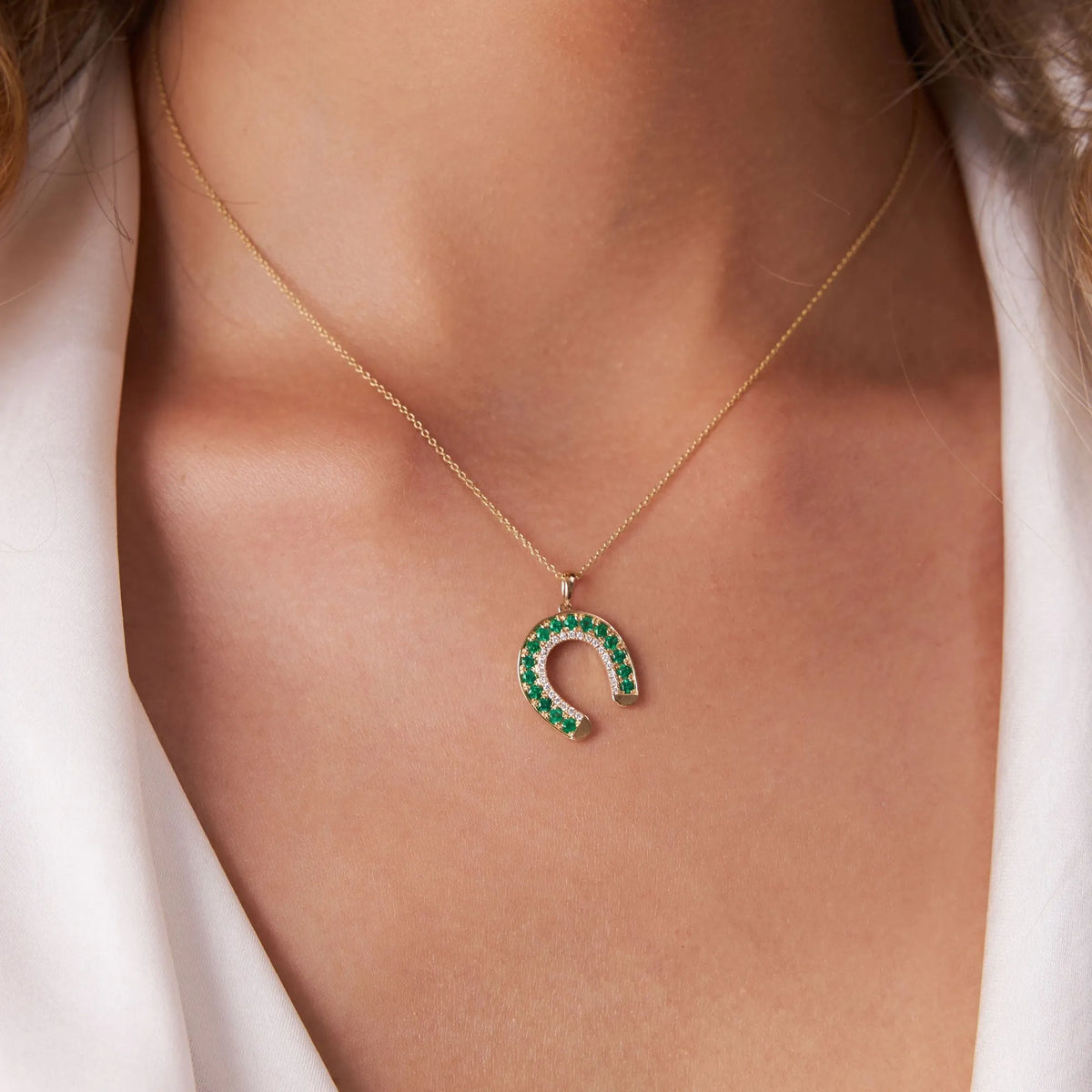 14k Solid Gold Round Emerald 0.45 CTW and Diamond 0.12 CTW Horseshoe Pendant Necklace