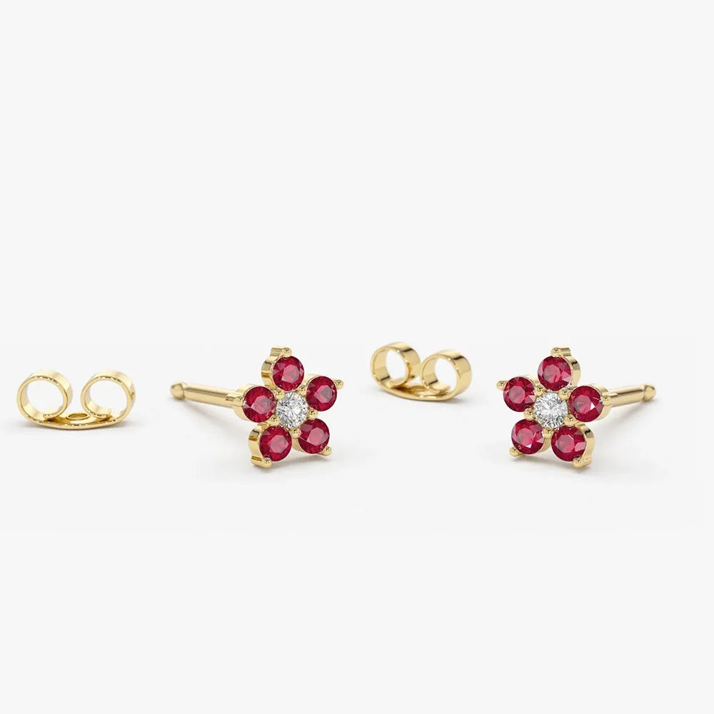 14k Gold Ruby and Diamond Round Cut Flower Stud Earrings 0.32 ctw