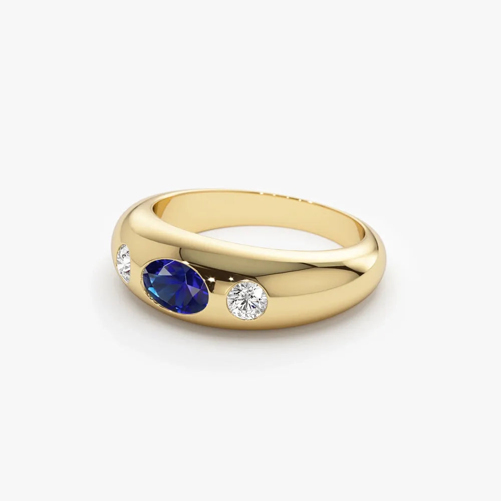 14k Gold Blue Sapphire and Diamond Oval Round Cut Dome Ring 0.80 ctw