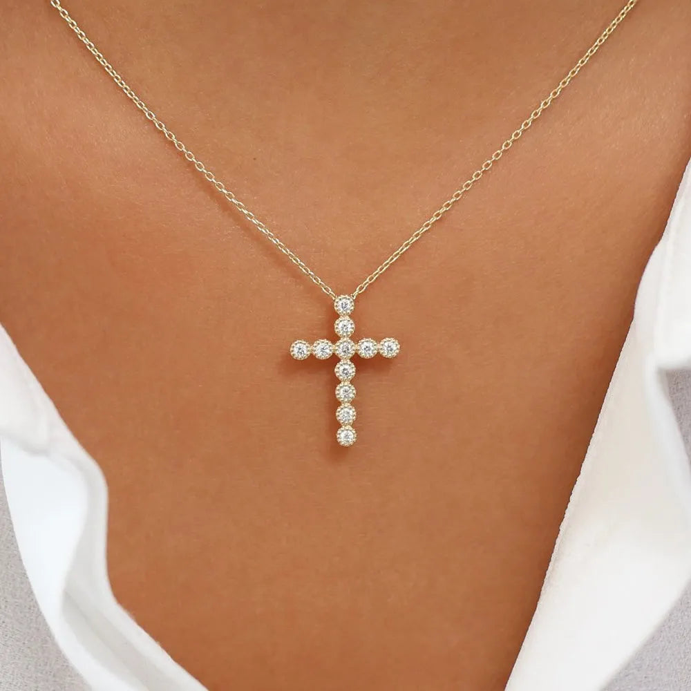 14K Solid Gold Round Diamond Cross Pendant Necklace Milgrain Bezel Set 0.20ctw