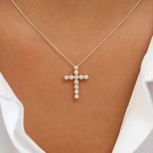 14K Solid Gold Round Diamond Cross Pendant Necklace Milgrain Bezel Set 0.20ctw