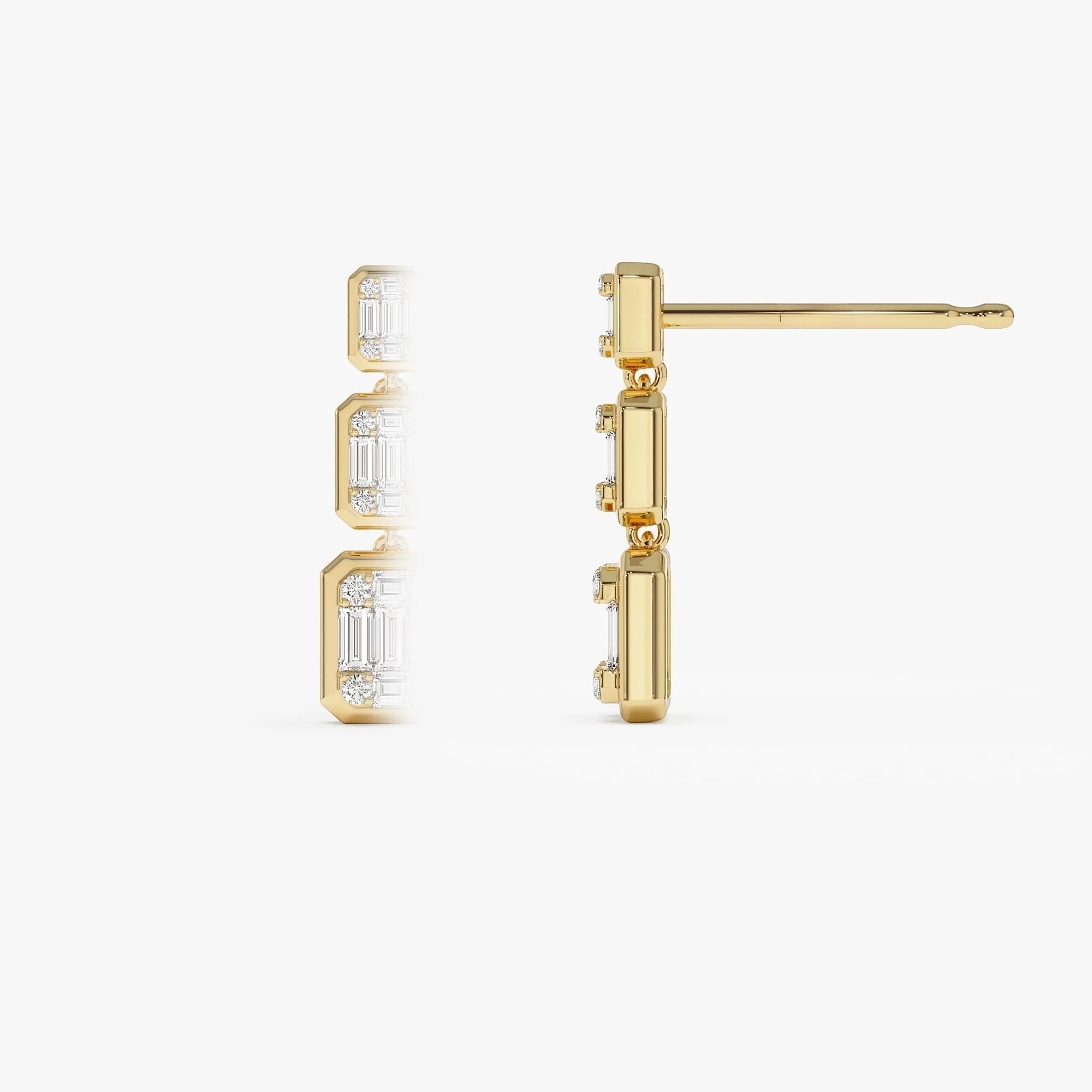 14k Gold Diamond Baguette and Round Cut Drop Earrings Illusion Setting 0.50 ctw
