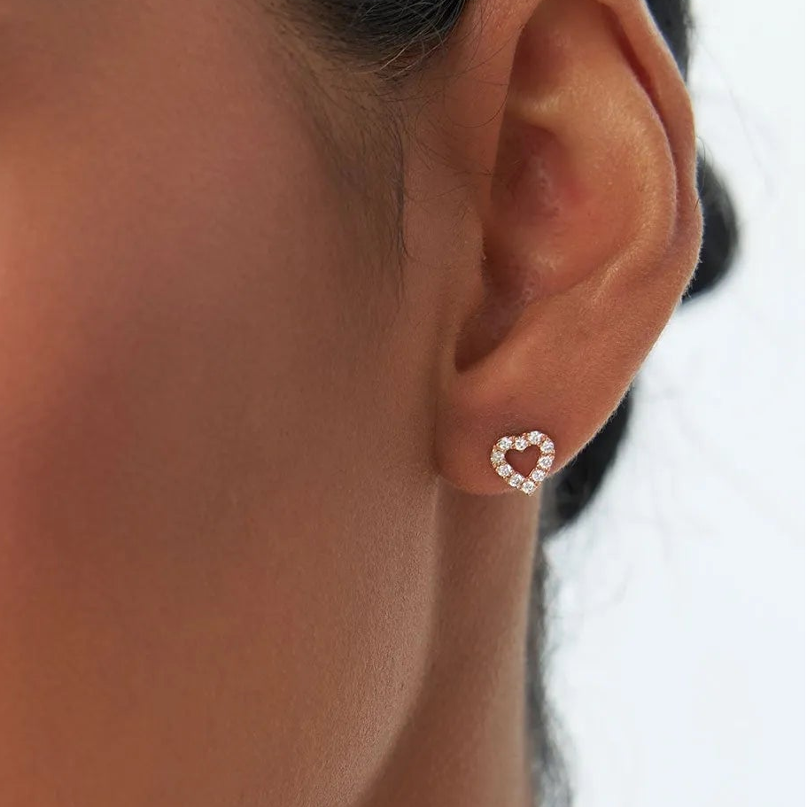14k Gold Diamond Round Cut Mini Heart Stud Earrings Micro Pave 0.12 ctw