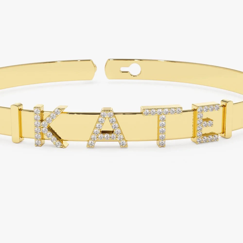 14K Solid Gold Round Diamond Sliding Initial Bangle