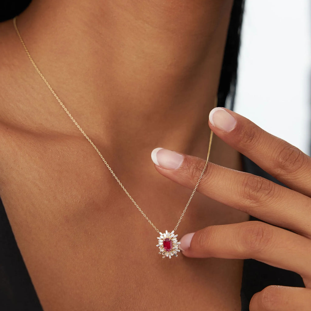 14k Solid Gold Ruby and Diamond Oval Baguette Ballerina Necklace 0.71 Carat Prong Setting