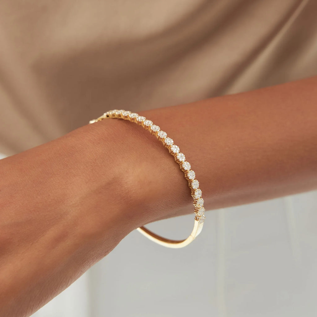 14K Solid Gold 1.15 CTW Round Diamond Cluster Bangle