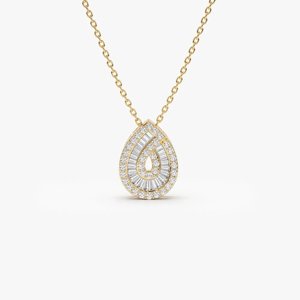 14K Solid Gold Baguette and Round Diamond Teardrop Statement Necklace 0.48ctw