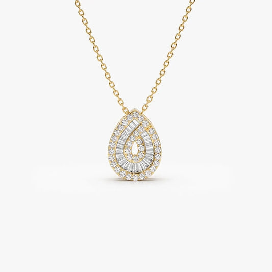 14K Solid Gold Baguette and Round Diamond Teardrop Statement Necklace 0.48ctw