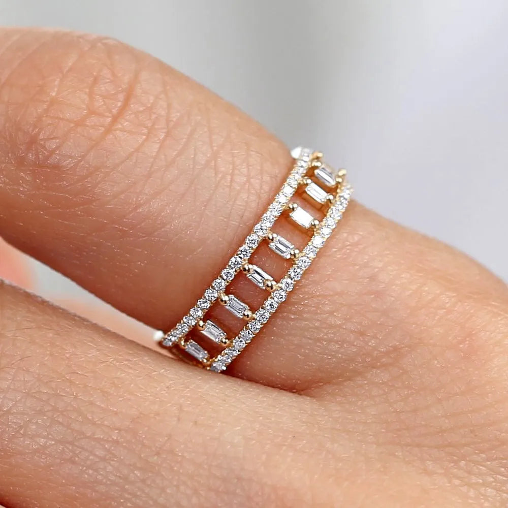 14K Solid Gold 0.40 Carat Baguette and Round Cut Diamond Double Row Micro Pave Ring