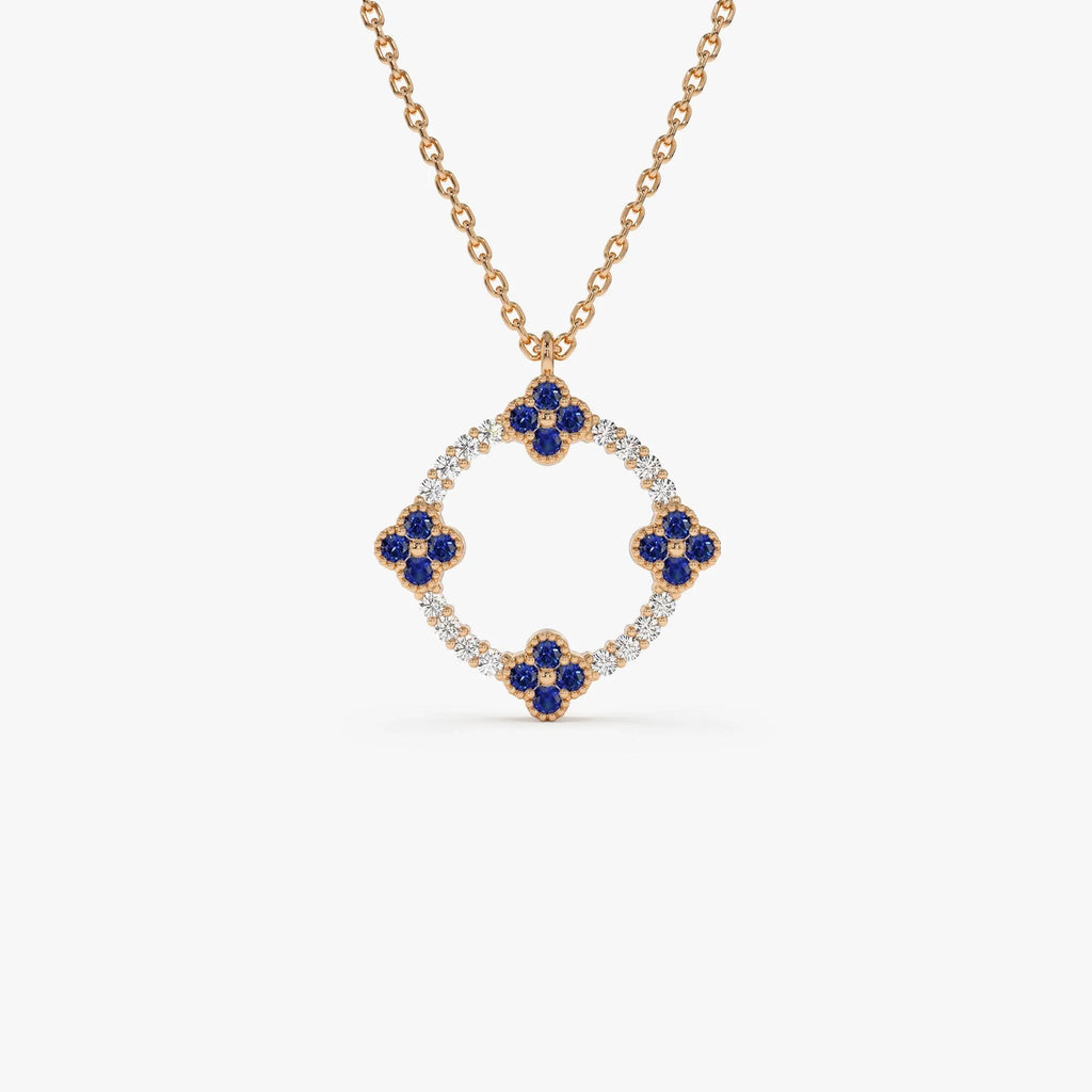 14k Solid Gold Sapphire and Diamond Round Clover Necklace 0.33 Carat