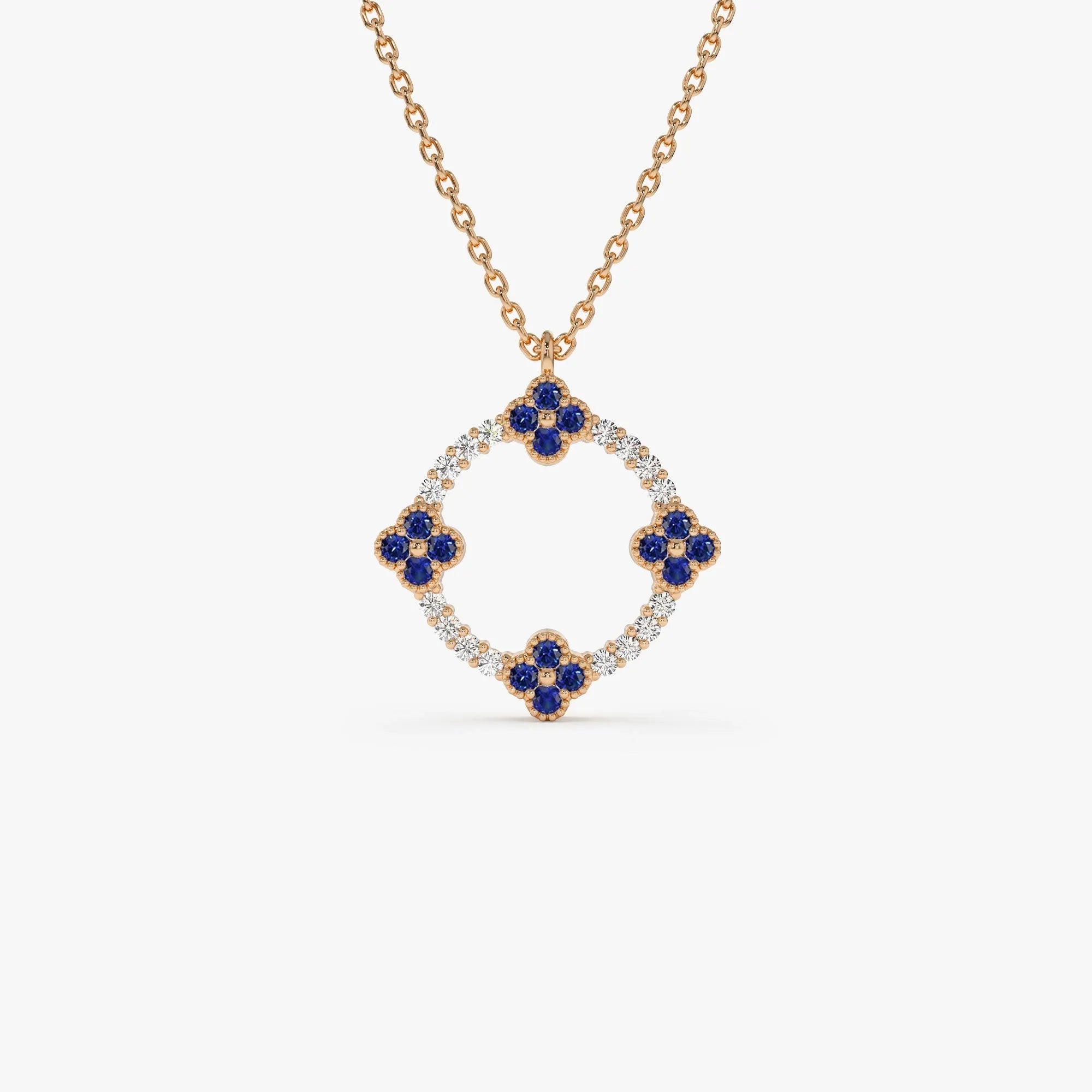 14k Solid Gold Sapphire and Diamond Round Clover Necklace 0.33 Carat