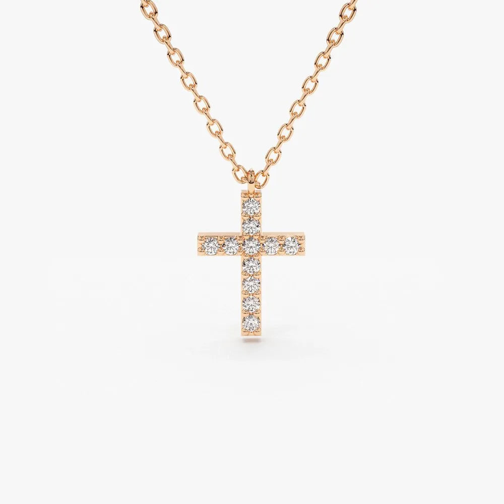 14K Solid Gold Round Diamond Micro Pave Cross Pendant Necklace 0.11cttw