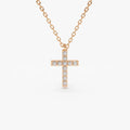 14K Solid Gold Round Diamond Micro Pave Cross Pendant Necklace 0.11cttw
