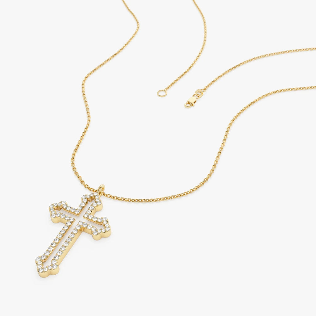 14K Solid Gold Round Diamond Pave Cross Pendant Necklace 0.29ctw