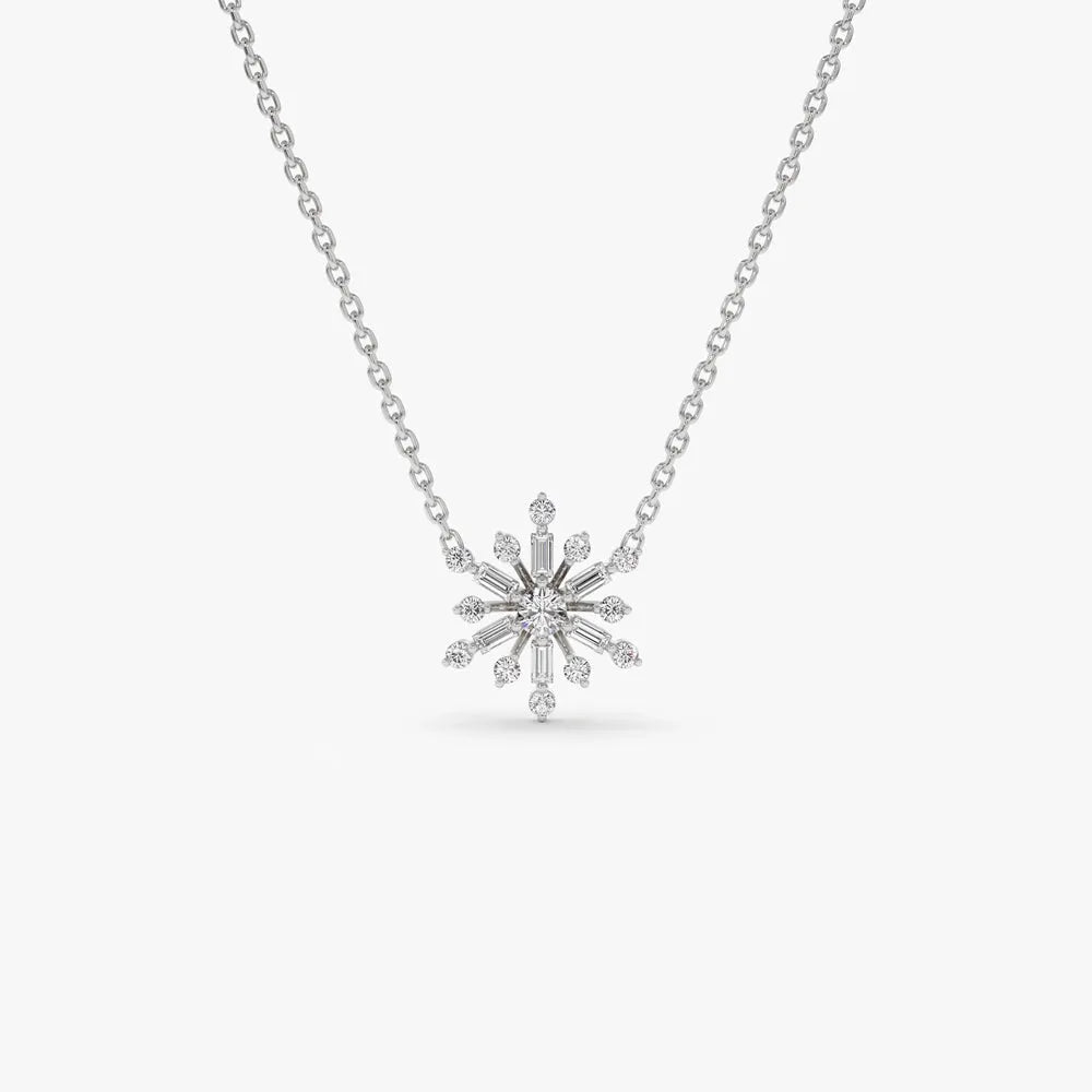 14K Solid Gold Baguette and Round Diamond Snowflake Pendant Necklace 0.25ctw