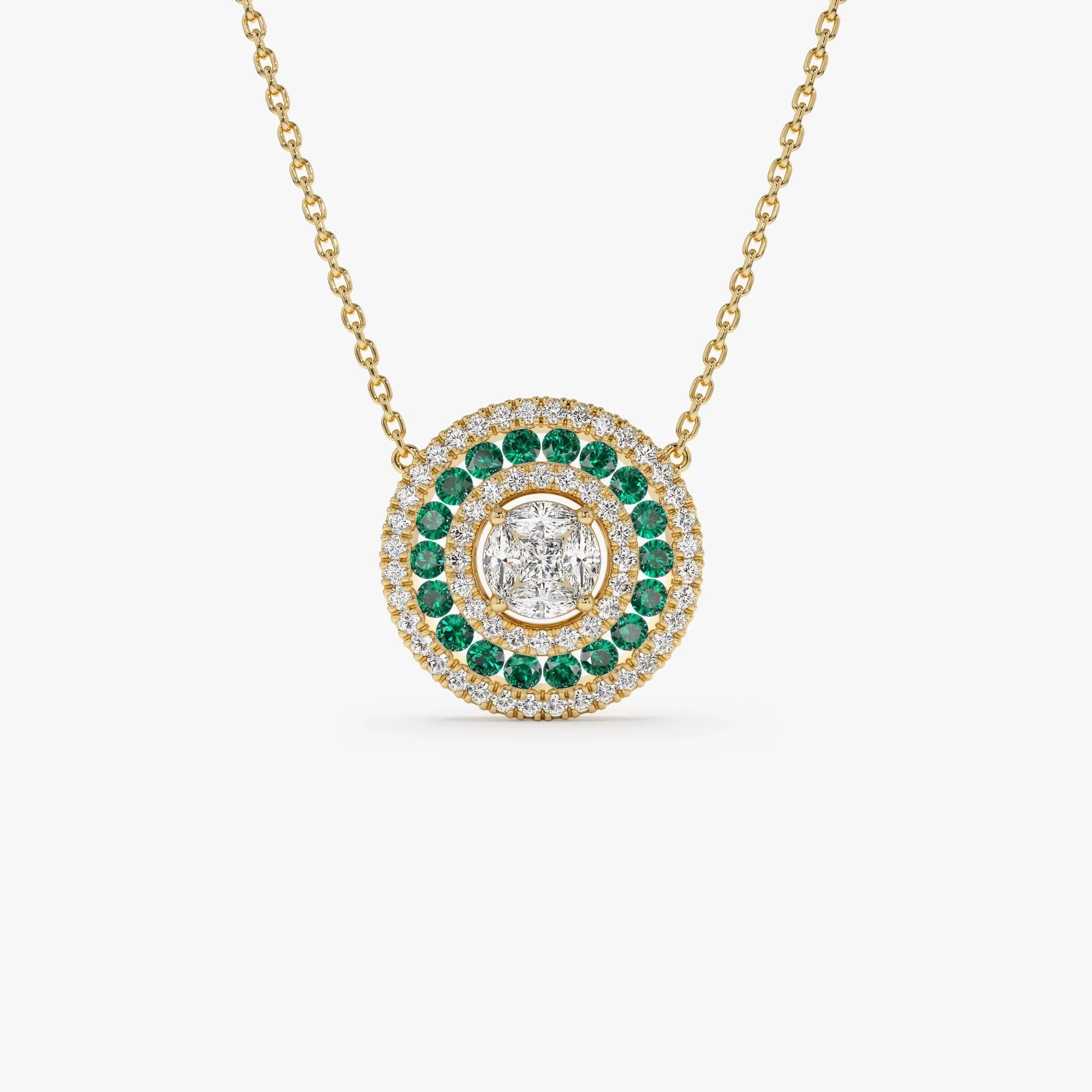 14k Solid Gold Round Marquise and Princess Cut Diamond 0.45 CTW Emerald 0.30 CTW Illusion Setting Necklace