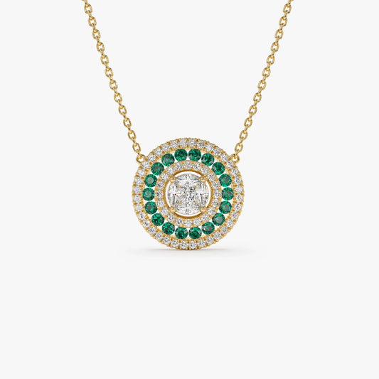 14k Solid Gold Round Marquise and Princess Cut Diamond 0.45 CTW Emerald 0.30 CTW Illusion Setting Necklace