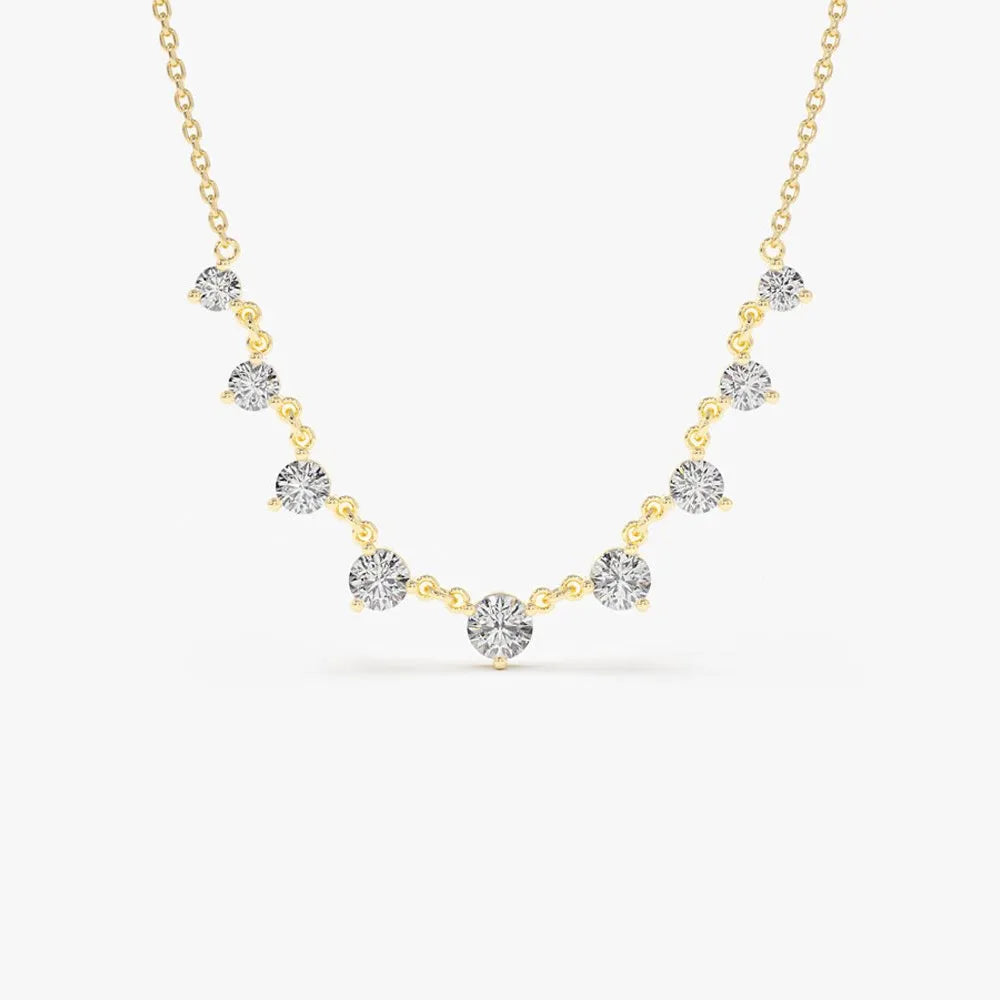 14K Solid Gold Round Diamond Graduating Necklace Prong Setting 1.05ctw