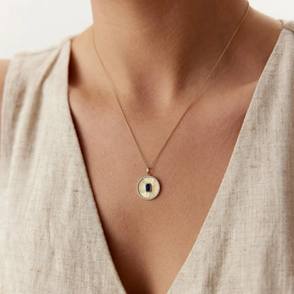 14k Solid Gold Sapphire and Diamond Emerald Cut Medallion Disc Necklace 0.65 Carat