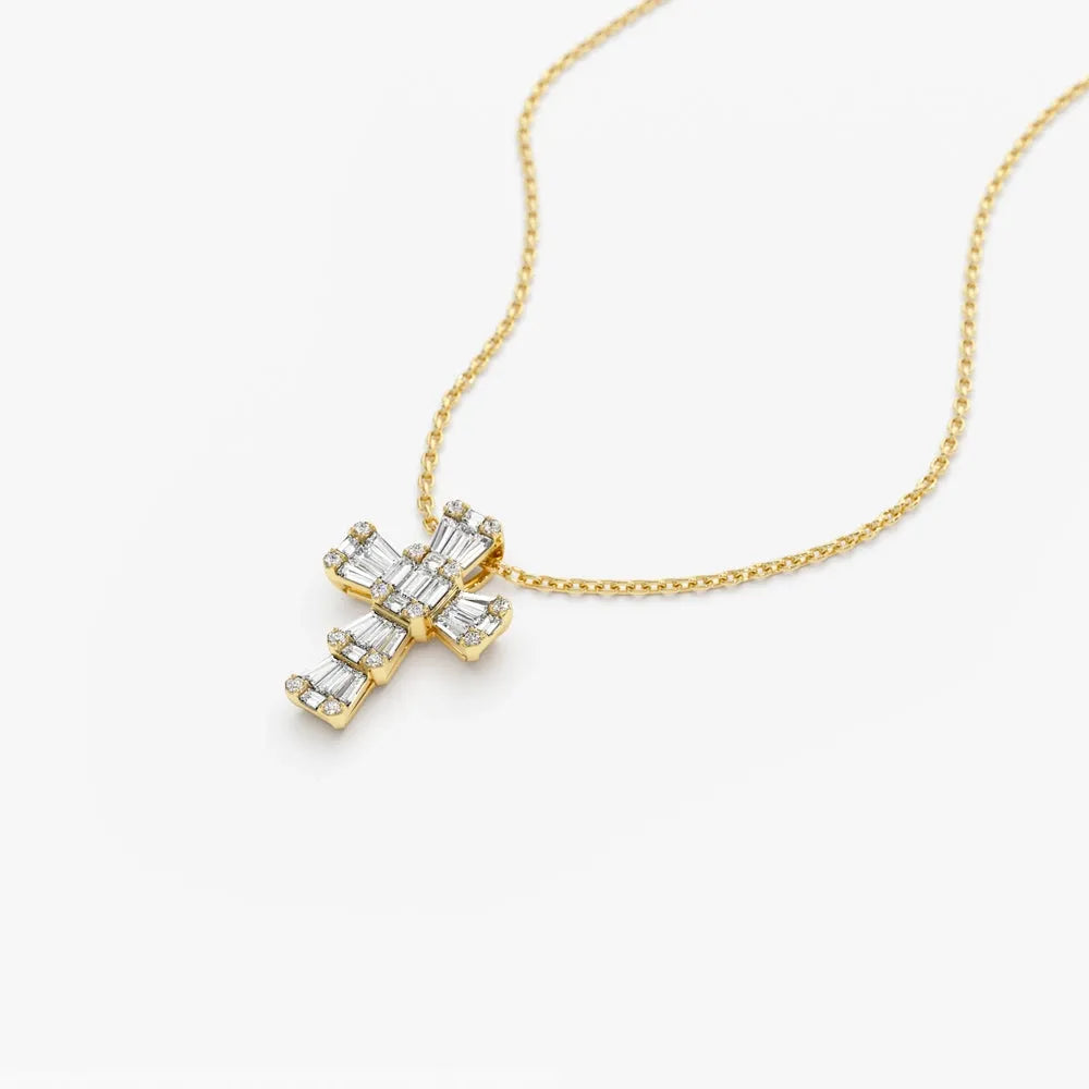 14k Solid Gold Baguette and Round Diamond 0.26 CTW Illusion Setting Cross