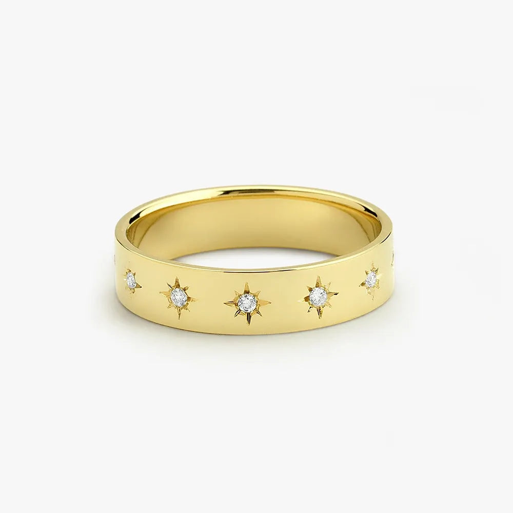 14K Gold 0.11ctw Round Diamond 4.5mm Starburst Engraved Star Setting Thick Band Ring