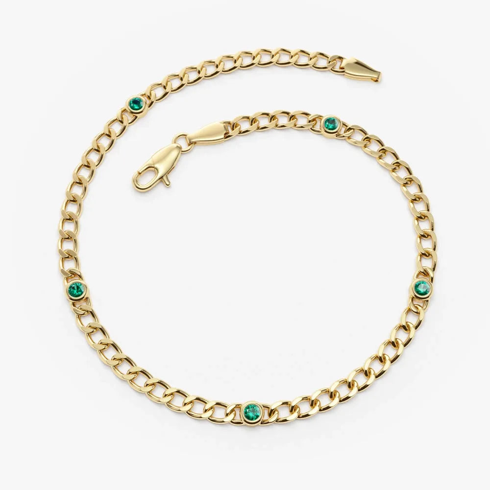 14K Solid Gold Cuban Link Bracelet with Bezel Set Round Emerald