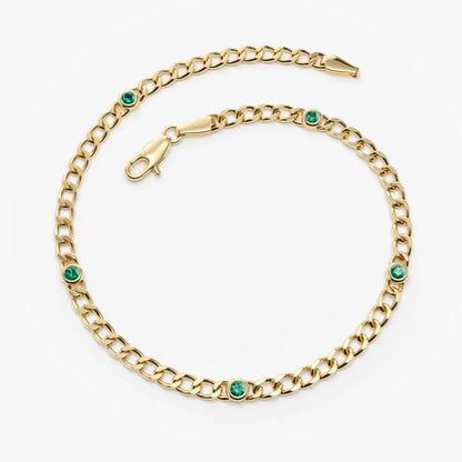 14K Solid Gold Cuban Link Bracelet with Bezel Set Round Emerald