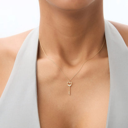 14k Solid Gold Heart Key Pendant Necklace