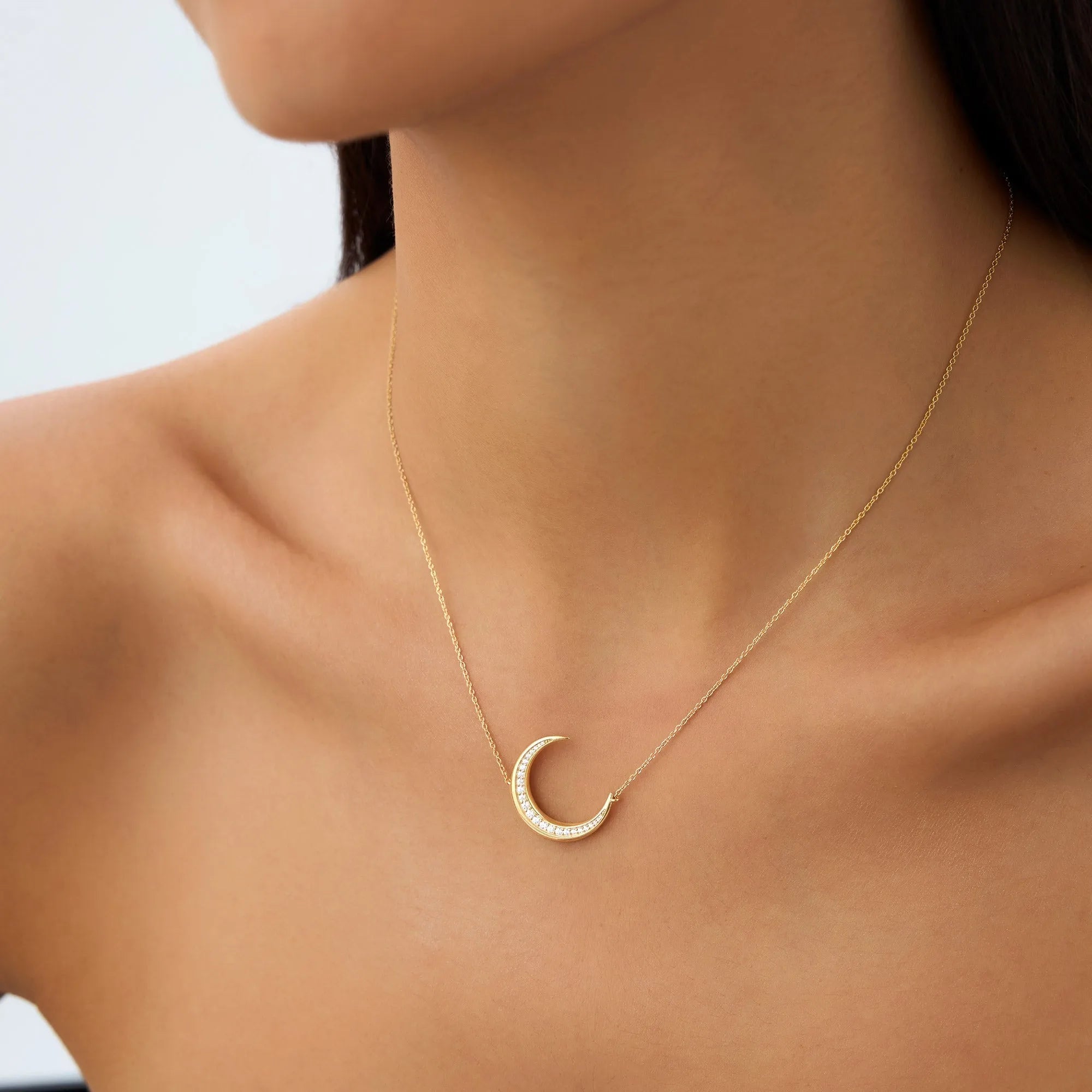 14K Solid Gold 0.25 CTW Round Diamond Large Crescent Moon Necklace