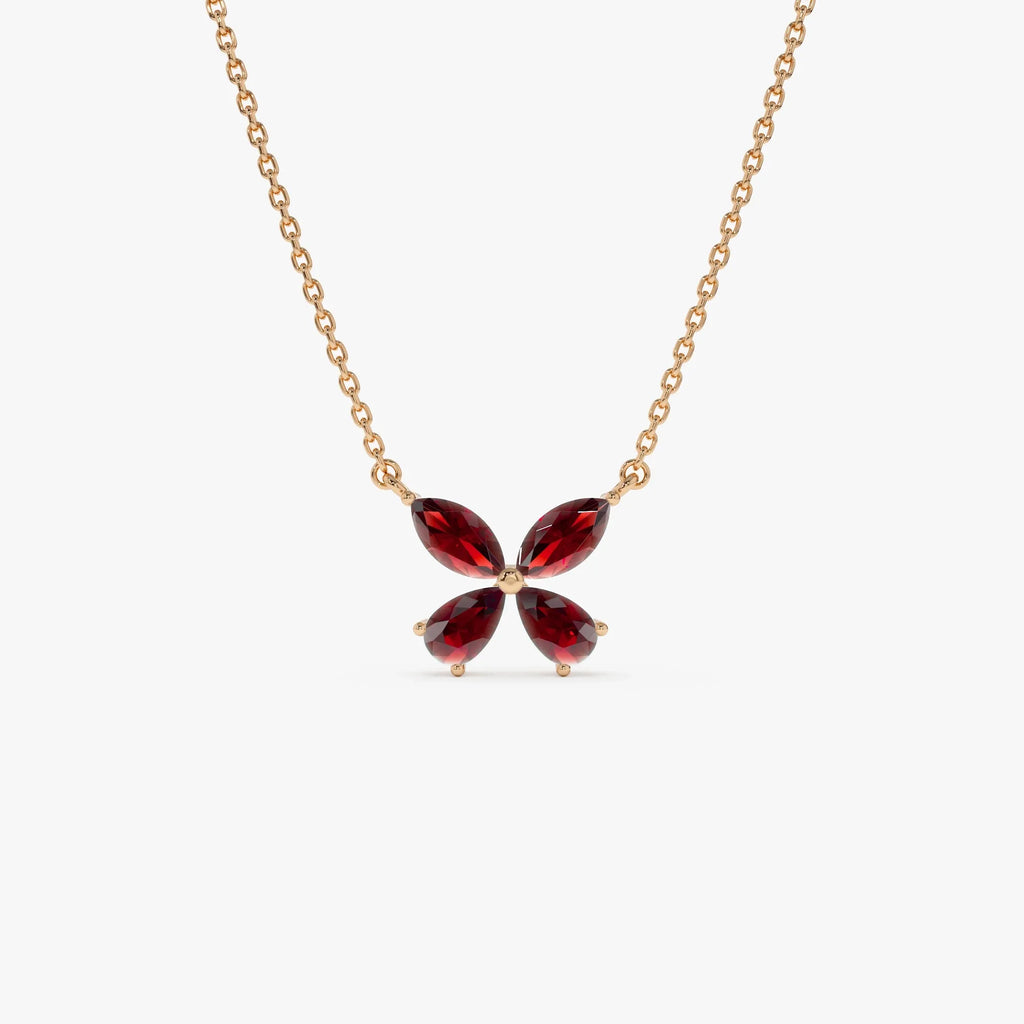 14k Solid Gold Garnet Pear and Marquise Butterfly Necklace 1.25 Carat