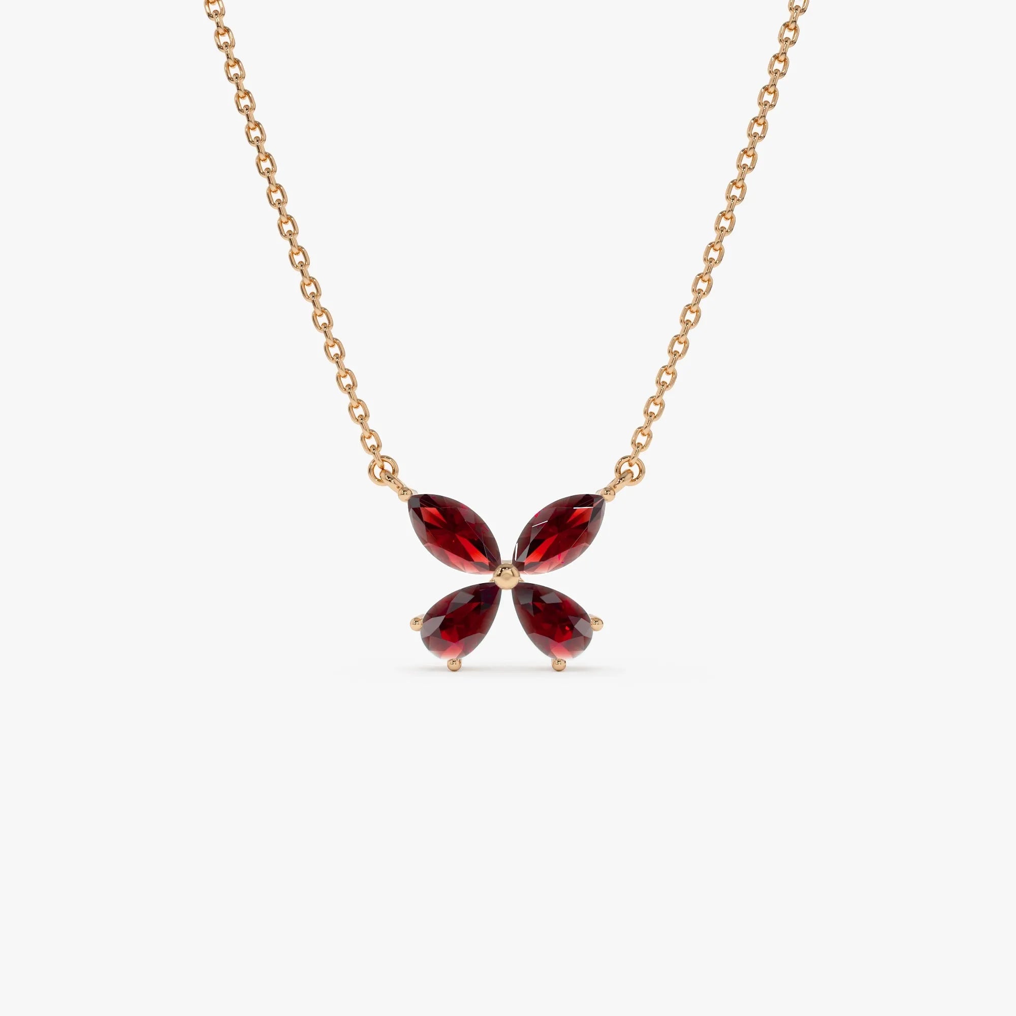 14k Solid Gold Garnet Pear and Marquise Butterfly Necklace 1.25 Carat