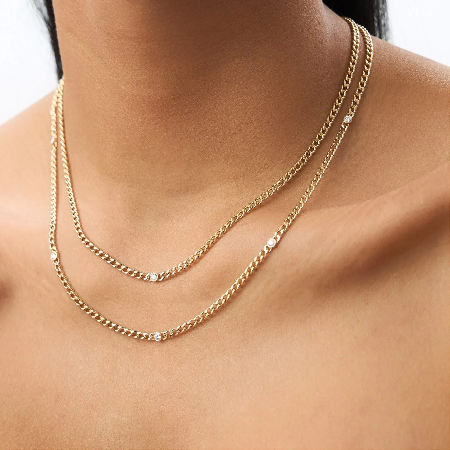 14K Solid Gold Round Diamond Cuban Link Necklace Bezel Set 3mm 0.30cttw