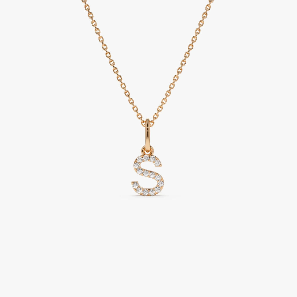 14K Solid Gold Round Diamond Micro Pave Initial Letter Pendant Necklace 0.15ctw