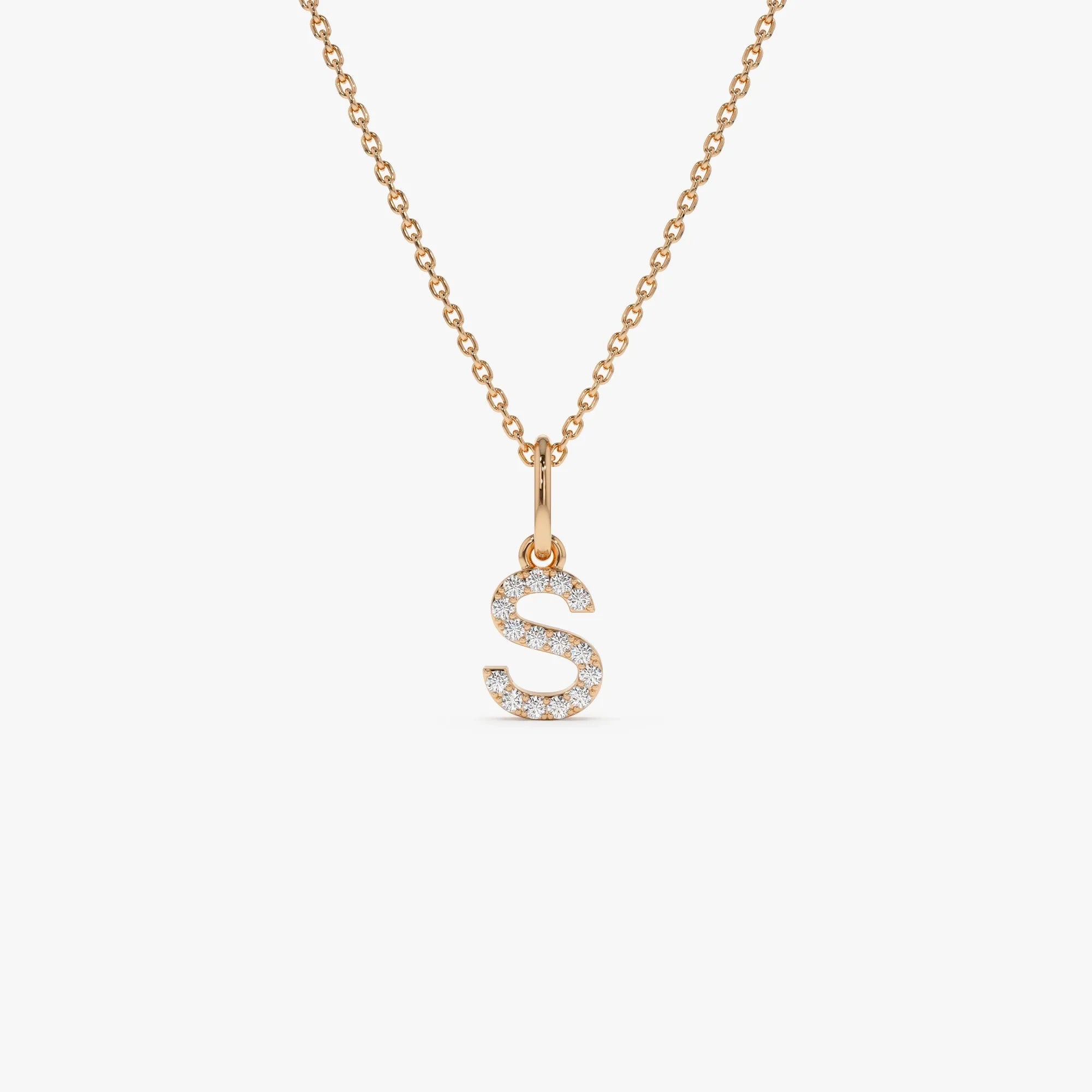 14K Solid Gold Round Diamond Micro Pave Initial Letter Pendant Necklace 0.15ctw
