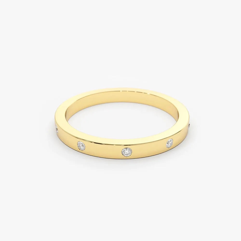 14K Solid Gold Round Diamond Burnish Set Wedding Ring 0.10 Carat