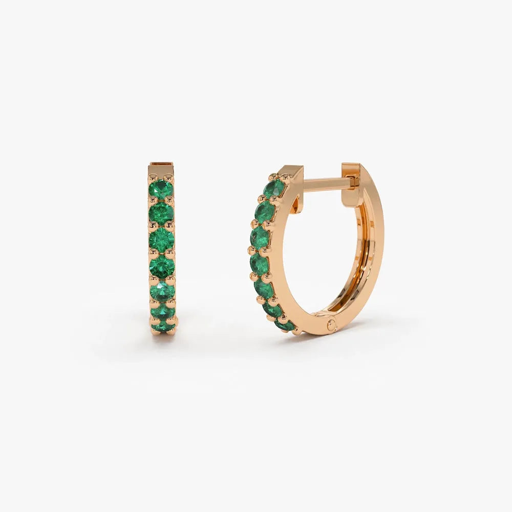 14K Solid Gold Round Emerald Huggie Hoop Earrings 0.25 CTW