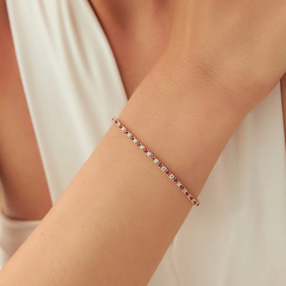 14k Gold Round Diamond and Ruby 4 Prong Tennis Bracelet