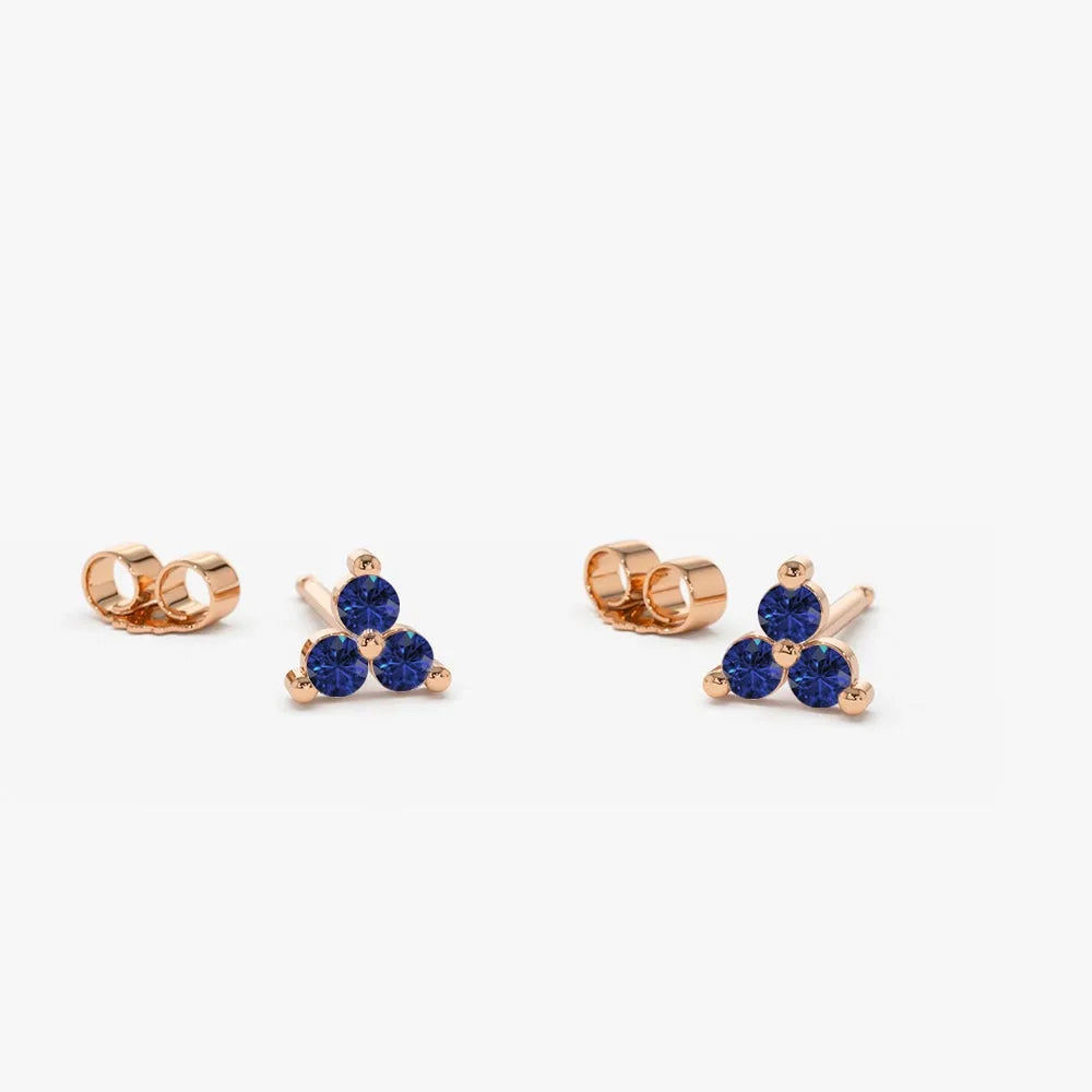 14K Solid Gold Round Sapphire Trio Prong Set Stud Earrings 0.15 CTW