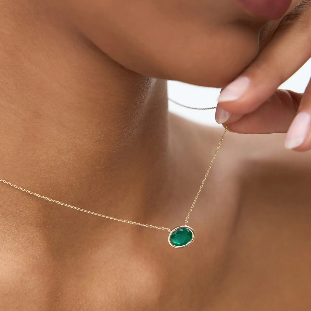 14k Solid Gold Oval and Octagon Cut Emerald 1.55 to 2.20 CTW Bezel Setting Necklace